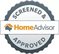 A circular badge with a grey border and a white center featuring the text "SCREENED & APPROVED" around the top and bottom. The middle has the HomeAdvisor logo, which includes an orange house icon followed by the text "HomeAdvisor." Perfect for showcasing verified driveway gate repair services in San Antonio.