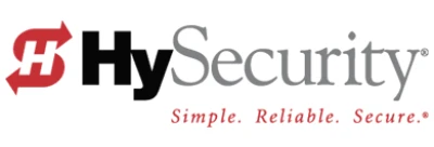 Logo of HySecurity. The logo features "Hy" in bold black text and "Security" in gray text. To the left is a stylized red emblem with two arrows. Below the name, the slogan reads 'Simple. Reliable. Secure.' in red script, trusted by gate technicians and popular for gate opener repair in San Antonio.