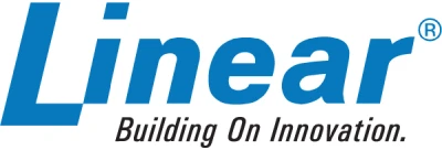 Logo with the text "Linear®" written in bold blue letters, followed by the tagline "Building On Innovation." The word "Linear" is stylized with the first letter "L" slightly larger than the rest. Perfect for gate technicians specializing in electric gate opener repair.