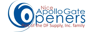 The logo features the text "Nice Apollo Gate Openers" in blue and orange, with a blue circular design to the left. Below, it reads "Part of the DF Supply, Inc. family" in smaller blue and orange text. Ideal for electric gate systems, our brand has earned trust in gate opener repair and among gate technicians.