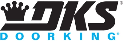 The image shows the DKS Doorking logo. "DKS" is written in large, bold black letters with a black crown above the letter "D." Below "DKS," the word "Doorking" is written in smaller, light blue uppercase letters, symbolizing reliability in electric gate and driveway gate repair services across San Antonio.