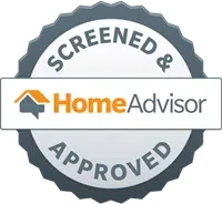 A circular badge with a grey border and a white center featuring the text "SCREENED & APPROVED" around the top and bottom. The middle has the HomeAdvisor logo, which includes an orange house icon followed by the text "HomeAdvisor." Perfect for showcasing verified driveway gate repair services in San Antonio.