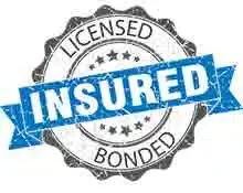 A badge with a blue ribbon that reads "INSURED" across the middle. The circular border of the badge above and below the ribbon contains the text "LICENSED" at the top and "BONDED" at the bottom. The badge background includes stars and a textured pattern, ideal for showcasing gate repair services.