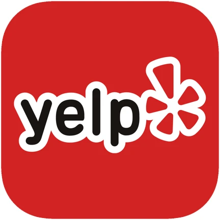 The image displays the Yelp logo, which features the word "yelp" in lowercase black letters with a white outline. It also includes a stylized red starburst-like icon to the right of the text, all set against a red square background with rounded corners. Perfect for finding services like driveway gate repair.