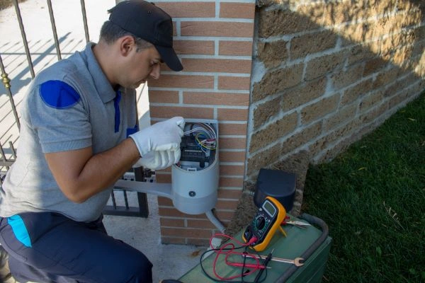 A man in a cap and uniform is working outdoors, repairing or installing a small electrical box mounted on a brick wall. He appears to be handling an electric gate repair in San Antonio. Using tools, including a digital multimeter placed nearby on a green surface, he wears white gloves for safety.