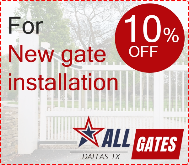 A white fence gate with a discount offer reads "For New gate installation 10% OFF" in red text. The bottom of the image displays a logo with a star and "ALL GATES" in bold, along with the text "DALLAS TX." Trees and greenery are in the background, ideal for showcasing our expert gate technicians.