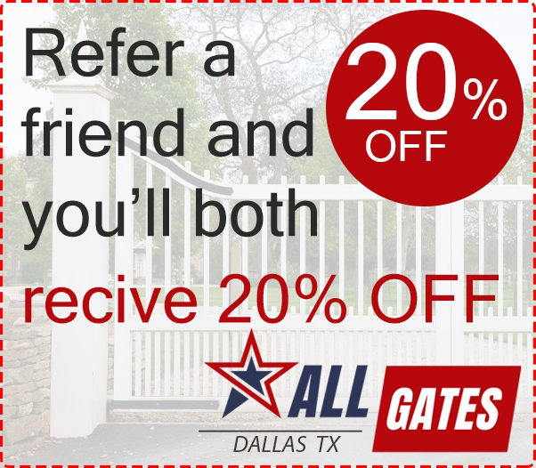 Image of a white gate with brick pillars on either side. Overlay text reads "Refer a friend and you'll both receive 20% OFF" with a red circle indicating "20% OFF." At the bottom, there's a logo with a blue and red star, the text "ALL GATES, DALLAS TX." Trust our skilled gate technicians for expert driveway gate repair.