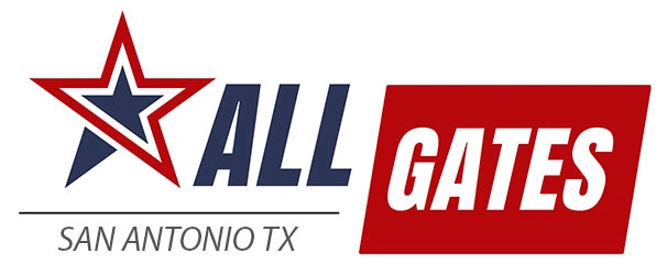 Logo for "All Gates" in San Antonio, TX. The design features a large blue and red star on the left, with the word "ALL" in bold blue letters. To the right, a red rectangle contains the word "GATES" in white. "San Antonio TX" is written below in smaller text, highlighting expert gate repair services.