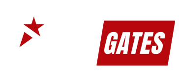 A logo with a white and red star followed by the word "GATES" in bold white letters on a red background rectangle.